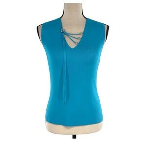 Vintage Lillie Rubin Blue Sleeveless Lace-Up Knit Top Size M Y2K Deadstock NWT